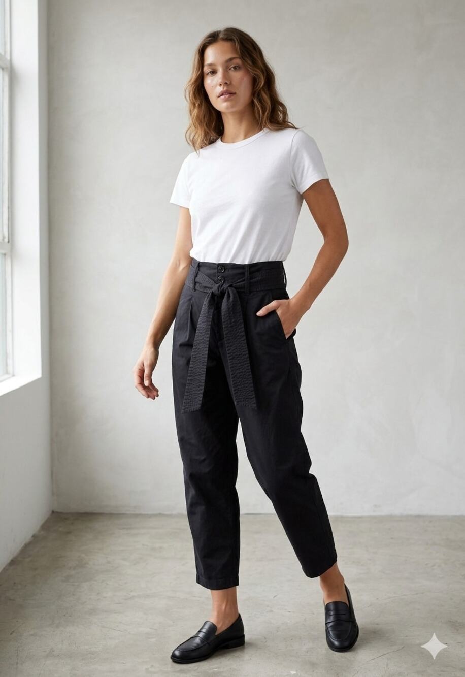Alex Mill Black Belted Paperbag Waist Trousers | Size 4 | Cotton Stretch